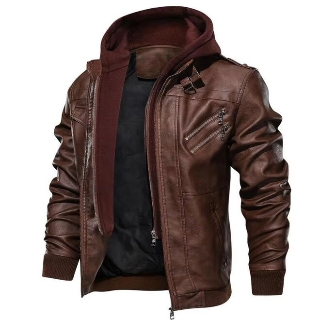 Men PU Leather Zipper Hooded Jacket