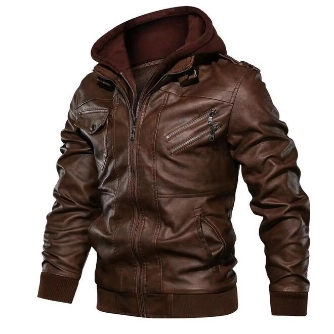 Men PU Leather Zipper Hooded Jacket