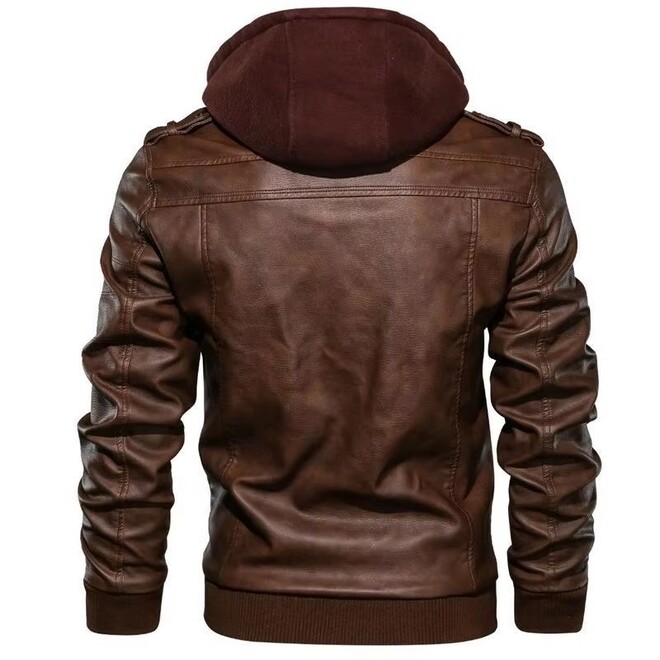 Men PU Leather Zipper Hooded Jacket