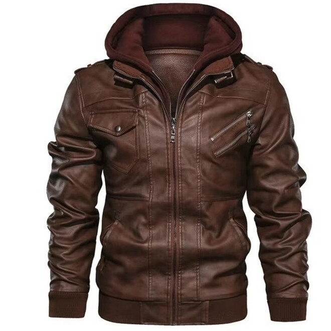 Men PU Leather Zipper Hooded Jacket