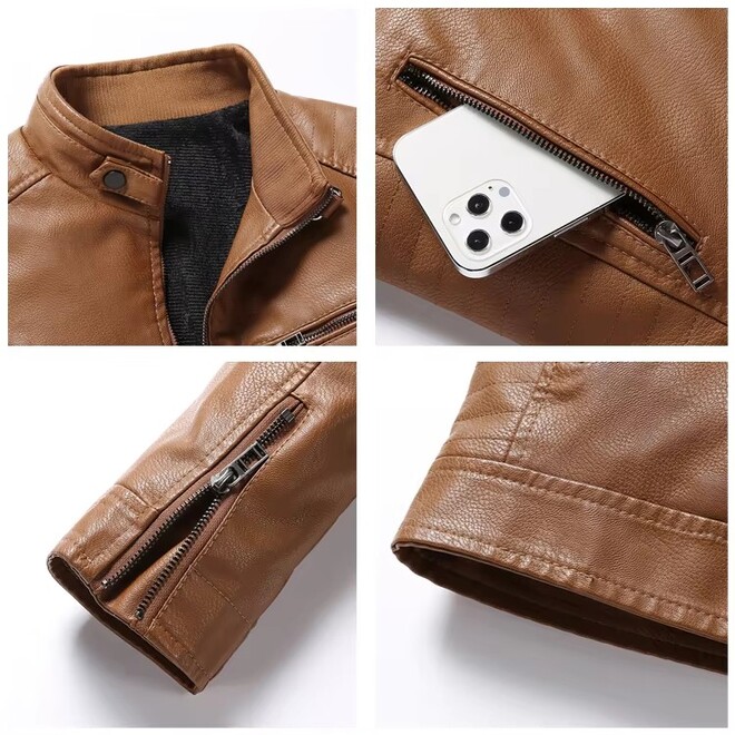 Mens Water Proof Slim Stand Collar Coated PU Leather Jackets