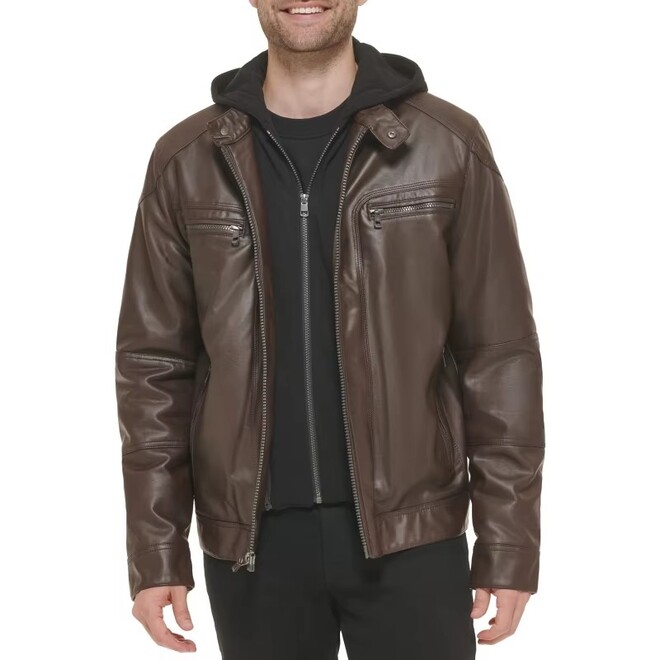 Autumn Mens Genuine Leather Fake Two Pieces Hooded Jacket