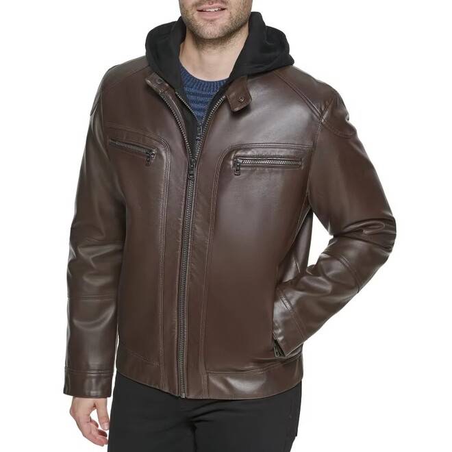 Autumn Mens Genuine Leather Fake Two Pieces Hooded Jacket