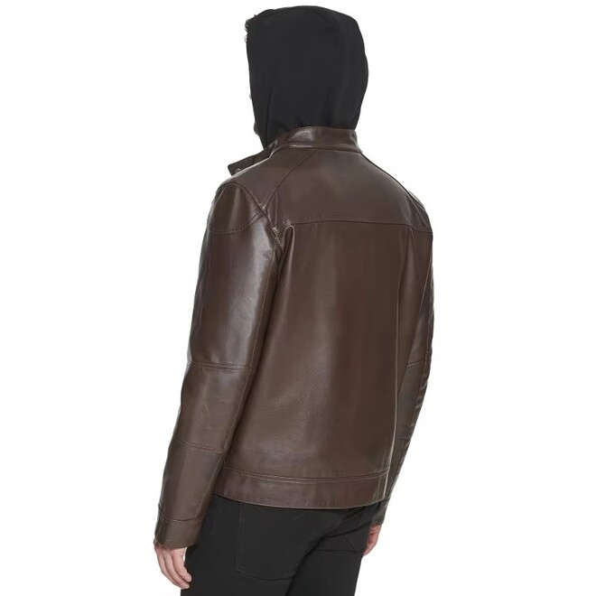 Autumn Mens Genuine Leather Fake Two Pieces Hooded Jacket