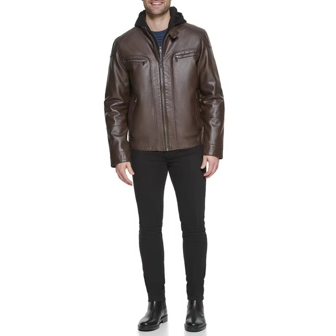 Autumn Mens Genuine Leather Fake Two Pieces Hooded Jacket