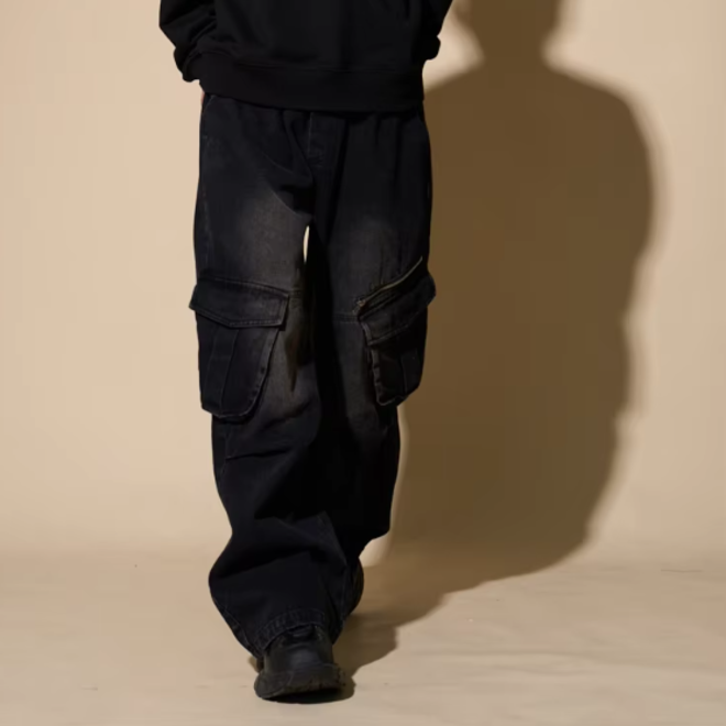 Mens Hip Hop Distressed Zipper Multi Pockets Wide Leg Jeans