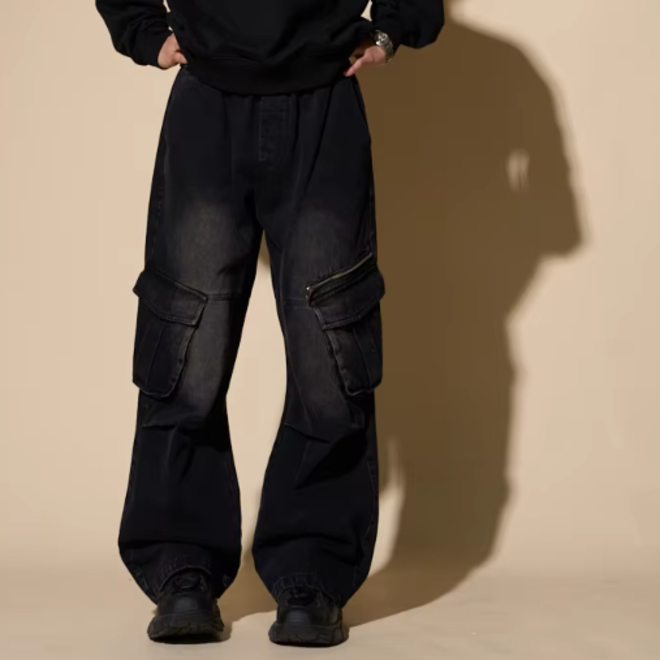 Mens Hip Hop Distressed Zipper Multi Pockets Wide Leg Jeans
