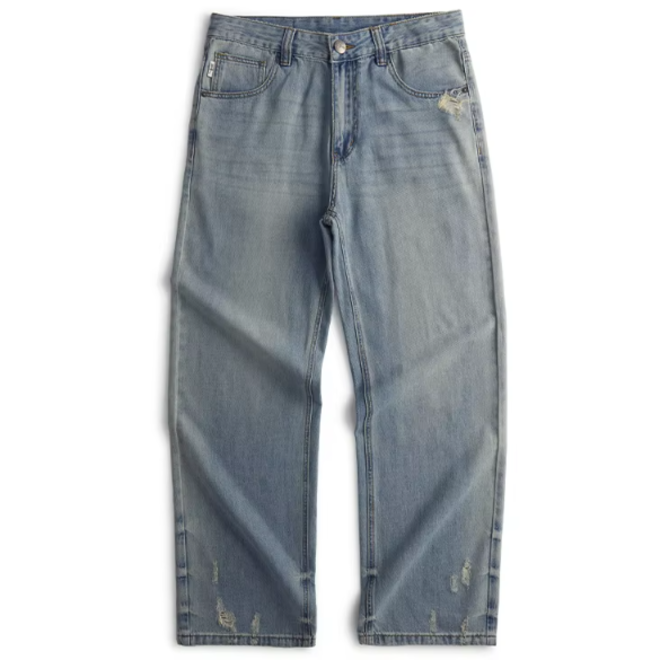 Mens Casual Straight Loose Fit Zipper Jeans with Mid Waist